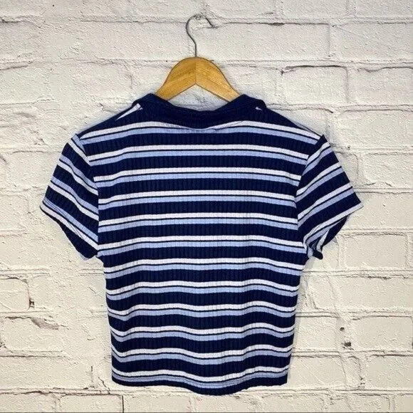 Just Polly NY Women’s Shirt Large Ribbed Blue Stripe Polo Crop Top Y2K 90’s NWOT - Picture 2 of 5